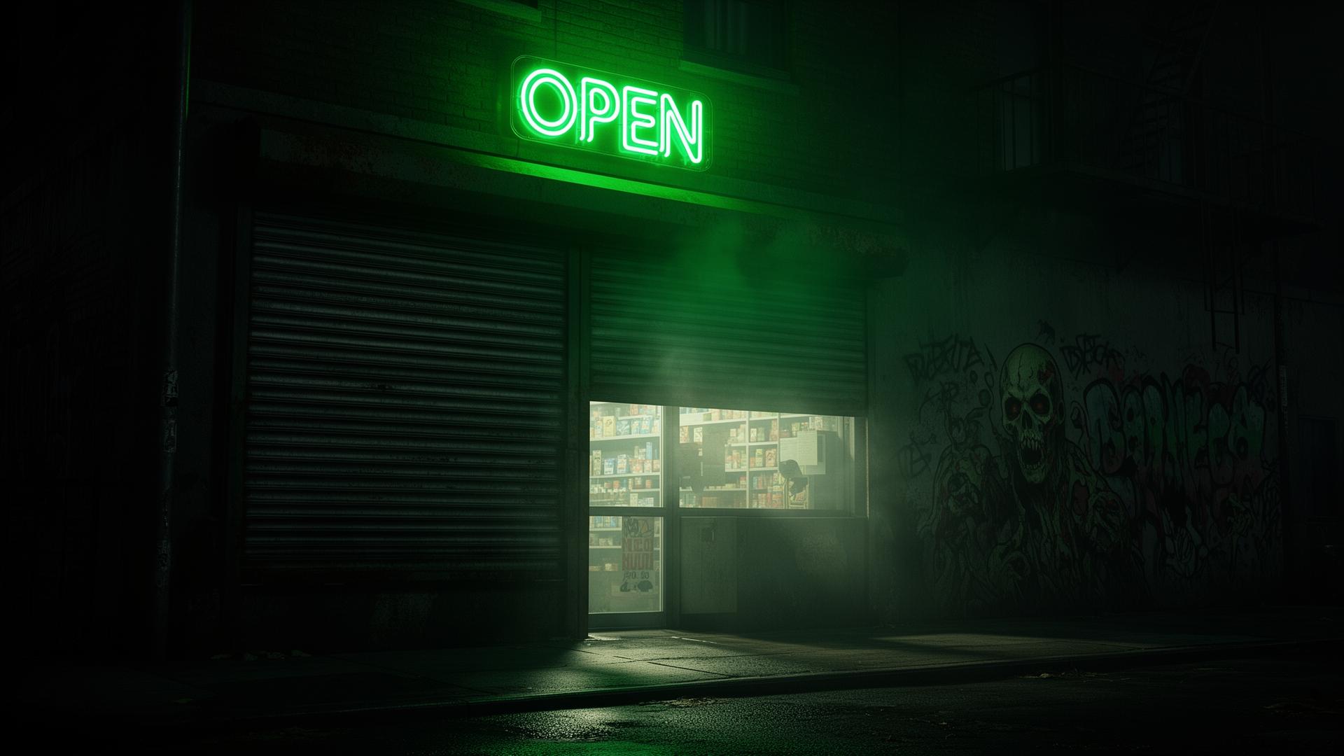 Neon-lit bodega storefront at night