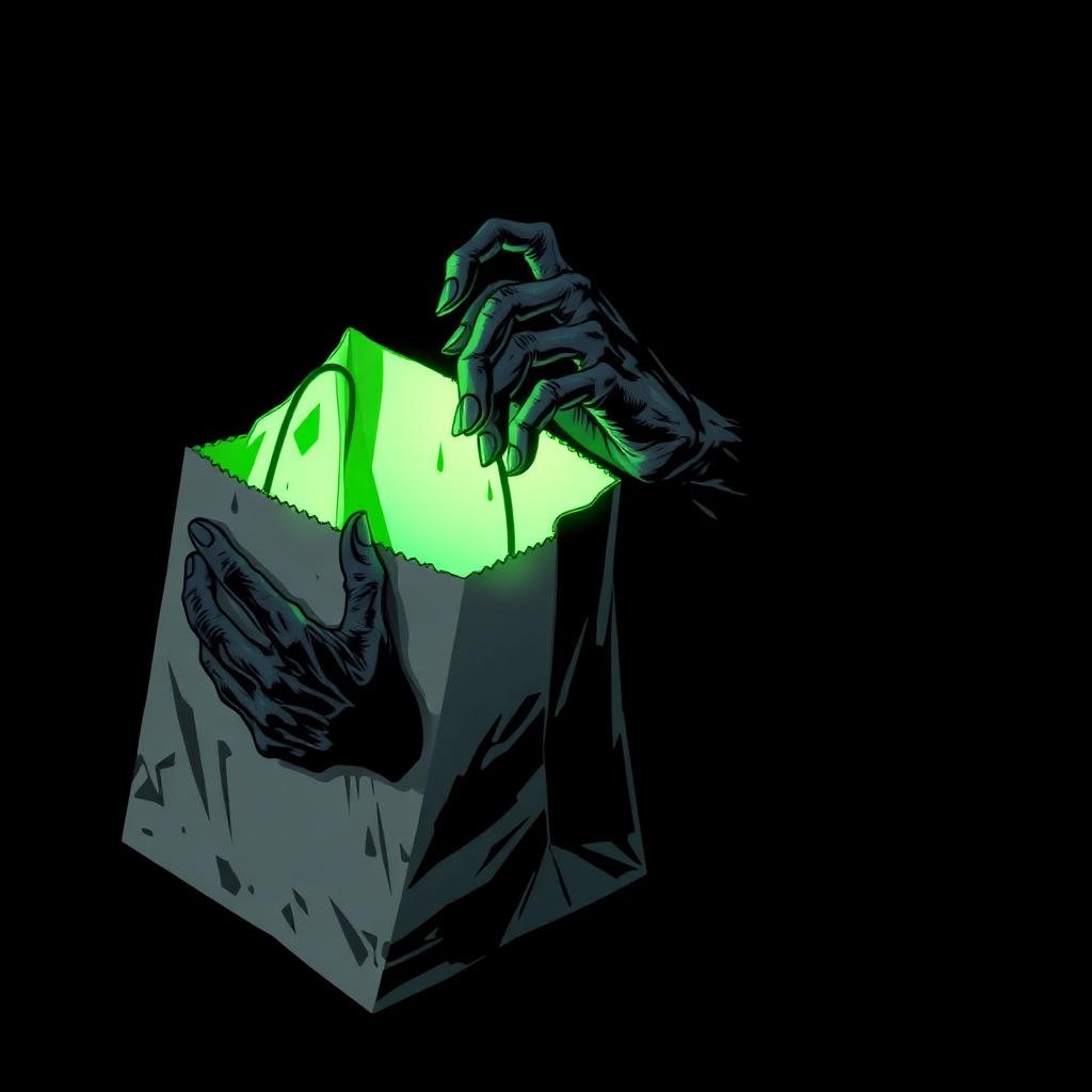 Zombie hand reaching into a glowing bodega bag